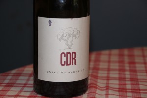 Cotes du Rhone, NV from Costco. See the wine stain on the label? Taste-tested! Christine approved, lol!